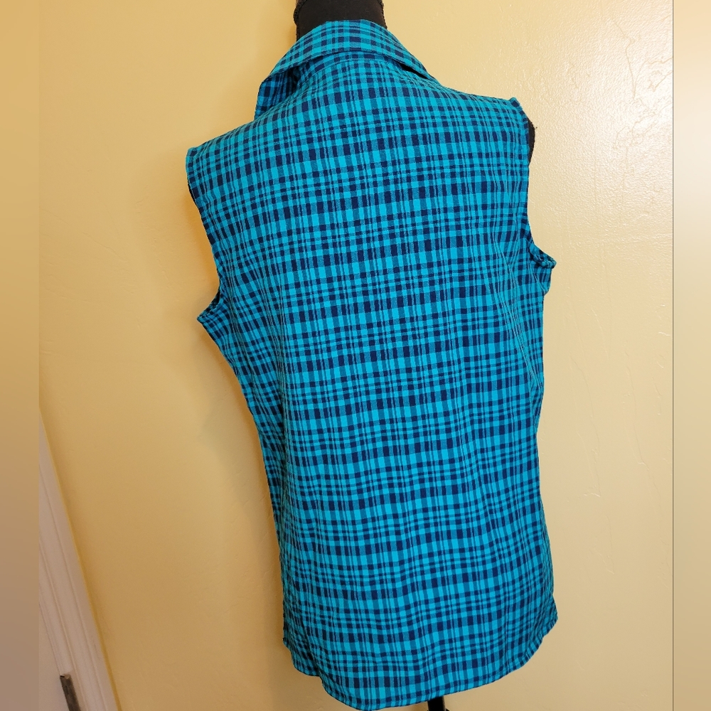 White Stag Sleeveless Plaid Blouse in  Blue Turquoise  Size M - Picture 4 of 8